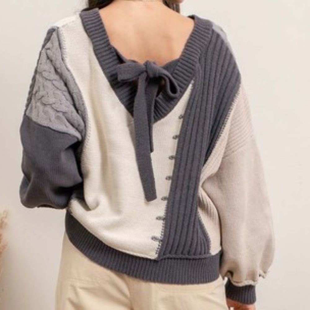 022 Cozy Color Block Back Tie Sweater Top - Picture 5 of 5